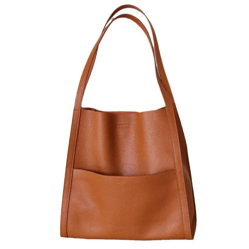 Genuine leather business commute shoulder bag square vertical shape soft first layer cowhide black colour