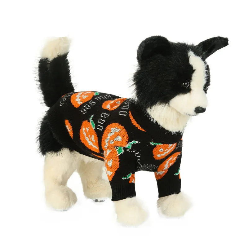 Black dog sweater with orange Halloween pumpkin pattern design