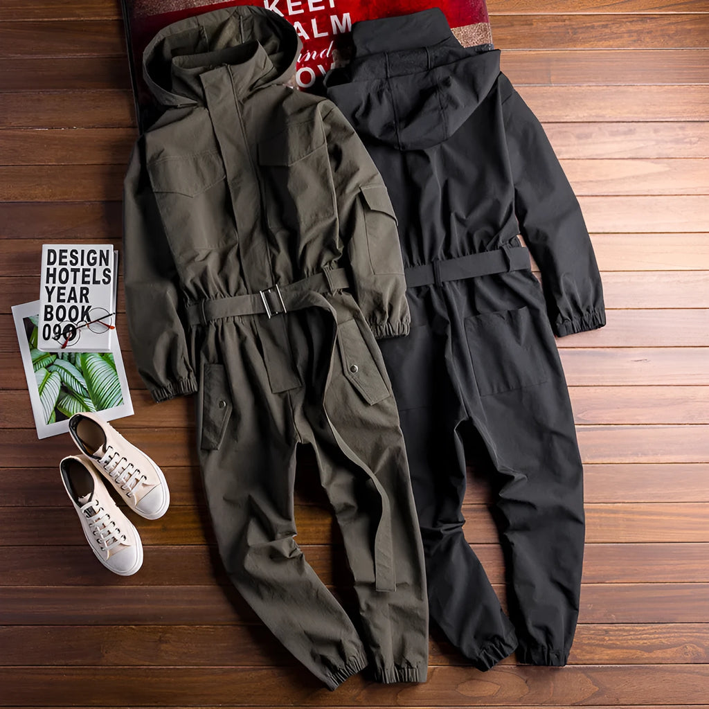 Men's workwear jumpsuit in army green with hooded top and ankle-tied legs, polyvinyl alcohol fibre fabric