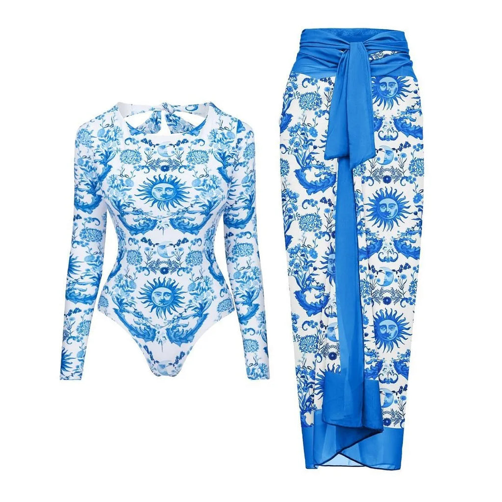 Floral long sleeve one-piece swimsuit for women, polyester surfing suit with skirt option, sizes S to XL