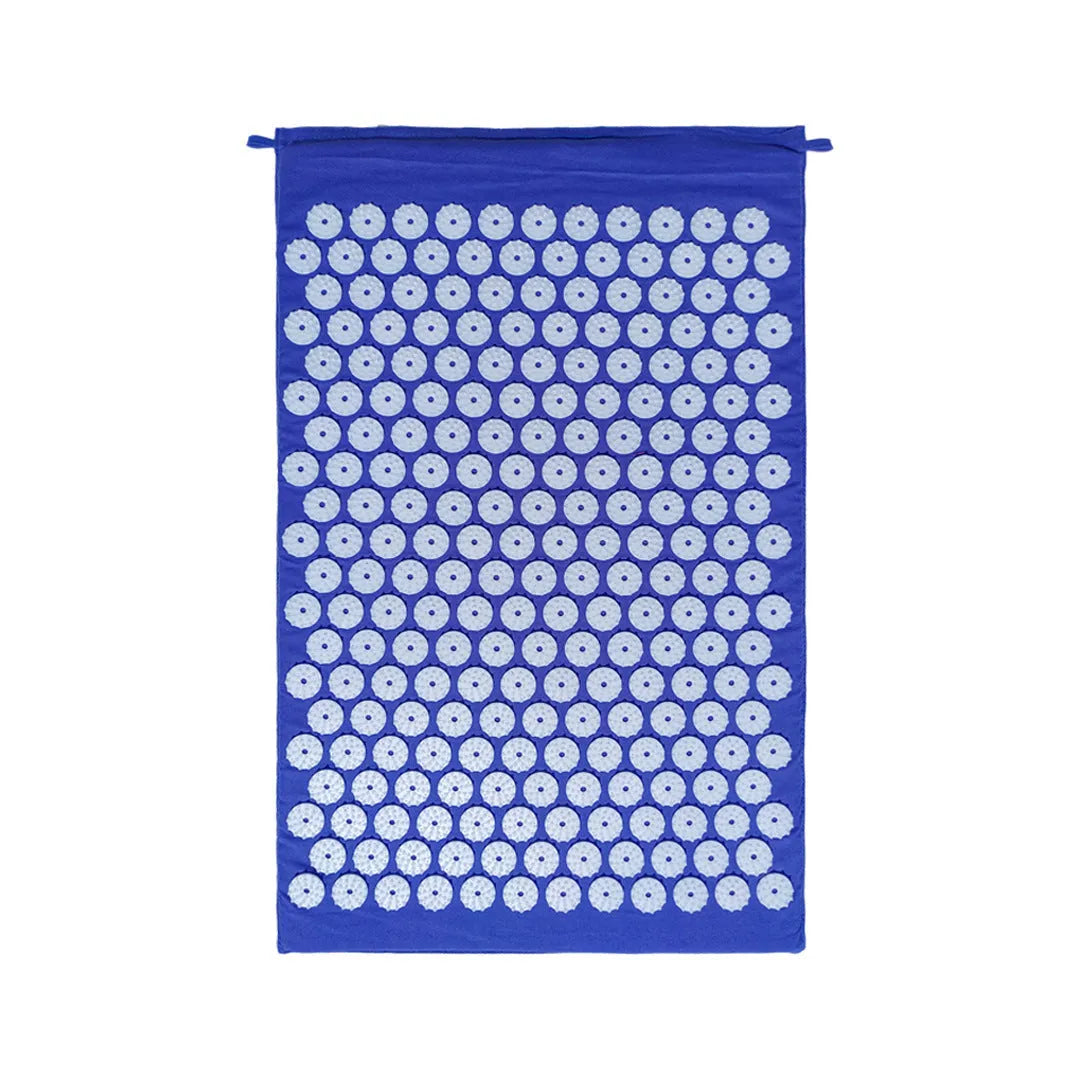 Acupuncture massage mat set with 68x42x2cm cushion and 38x15x10cm headrest in black and blue