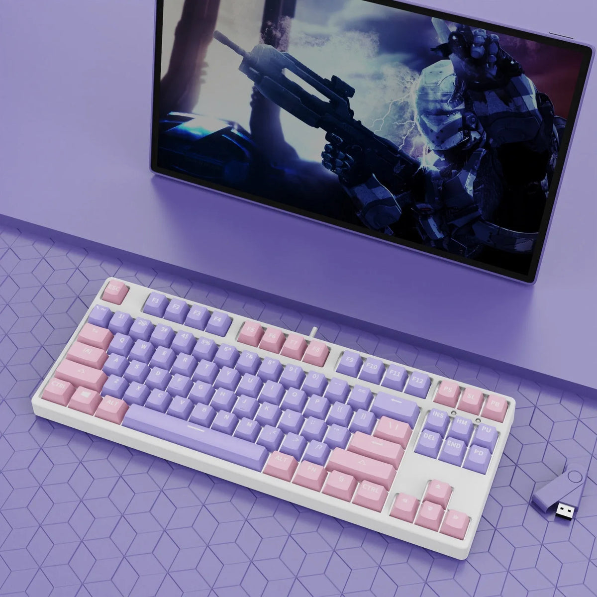 87-key wired mechanical keyboard with hot-swappable switches showing multiple colour combination options