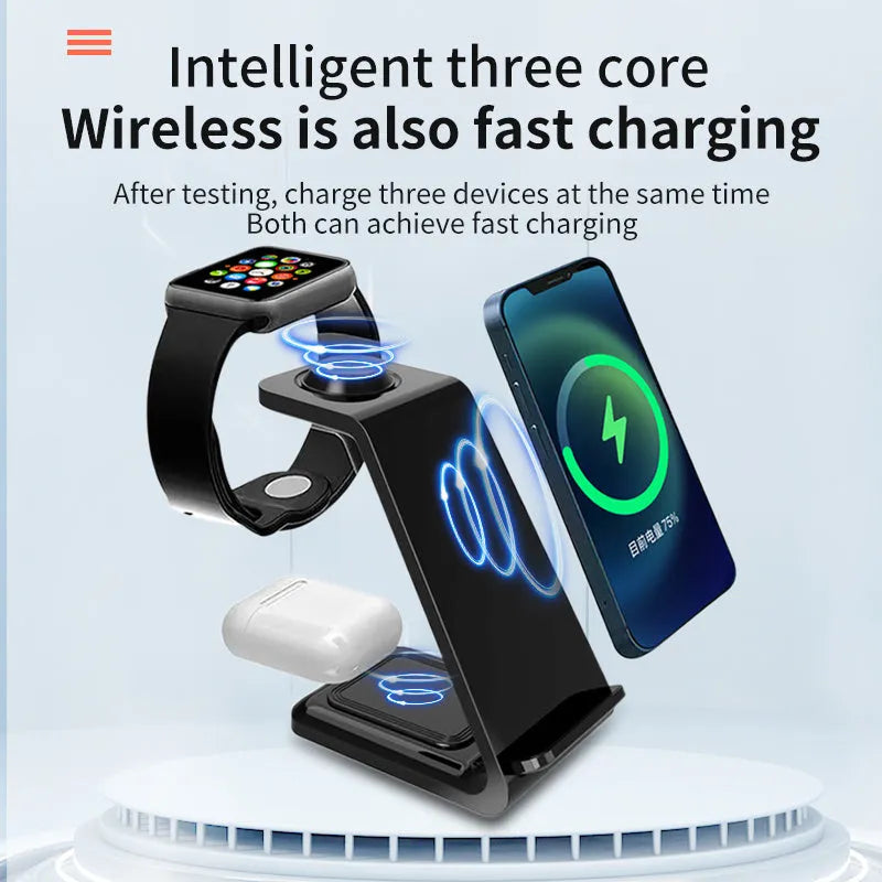 3-in-1 upright wireless charging phone stand in black or white with dual coil technology and QC3.0 fast charging