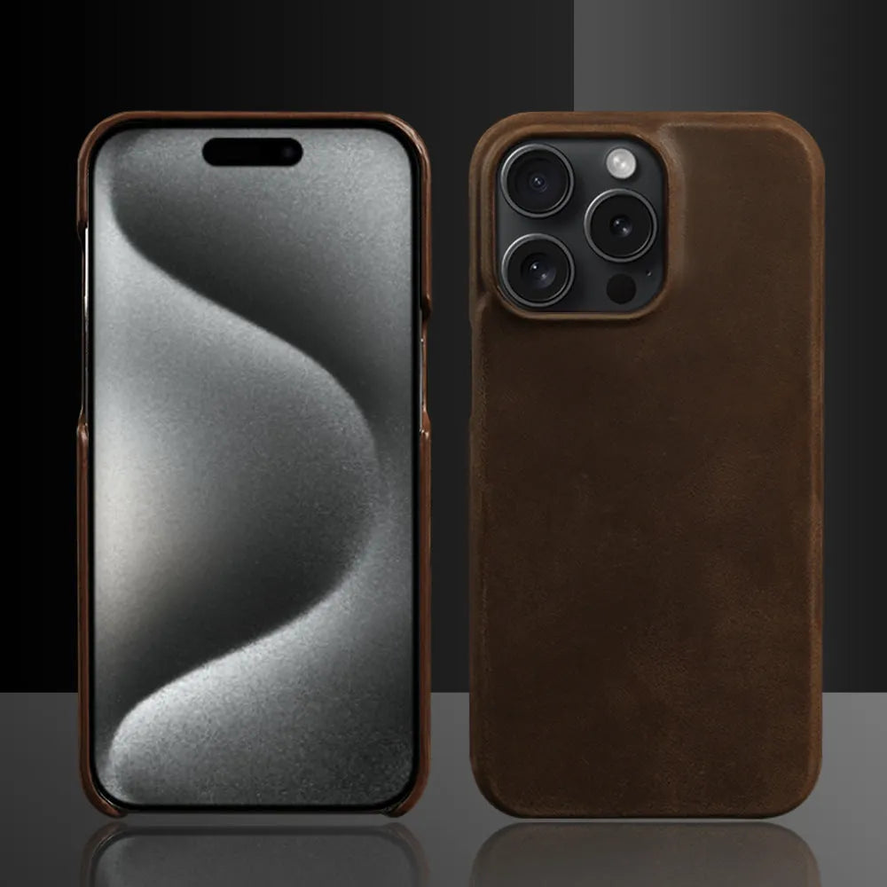 Genuine leather Crazy Horse pattern phone case for iPhone in dark brown with anti-fall protection