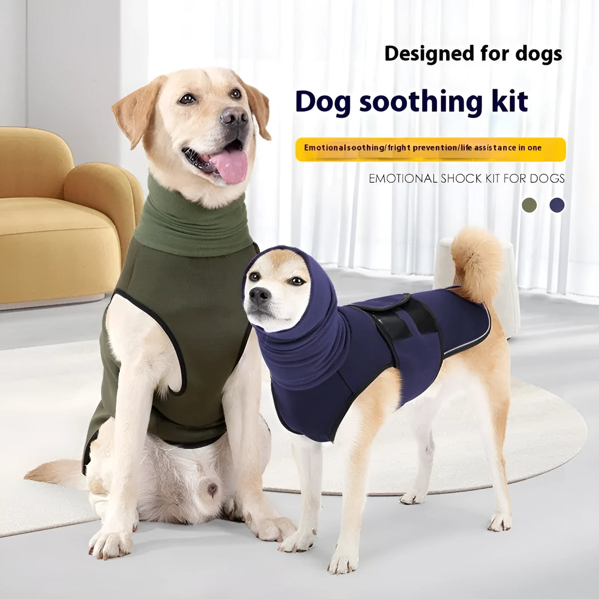 Dog wearing army green anti-anxiety jacket for stress relief during thunderstorms