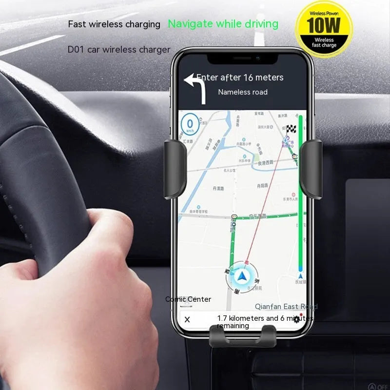 D12 Black 10W micro car wireless charger with air outlet clip, Type-C socket and ABS body, 9.8cm x 4.6cm x 11cm