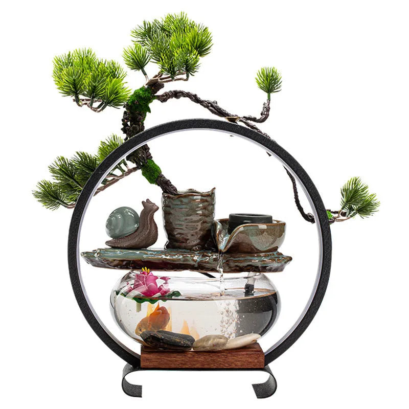 Ceramic flowing water lamp decoration in New Chinese Style with stone mill and lotus leaf design options for fish tank or tabletop use