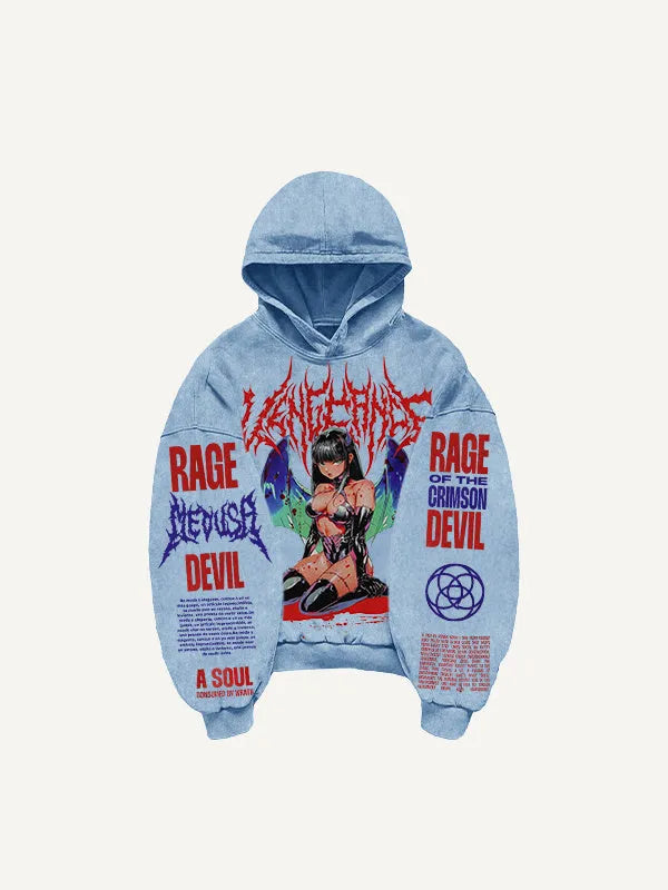 Men's printed hooded loose retro sweatshirt in black with long sleeves and pullover style