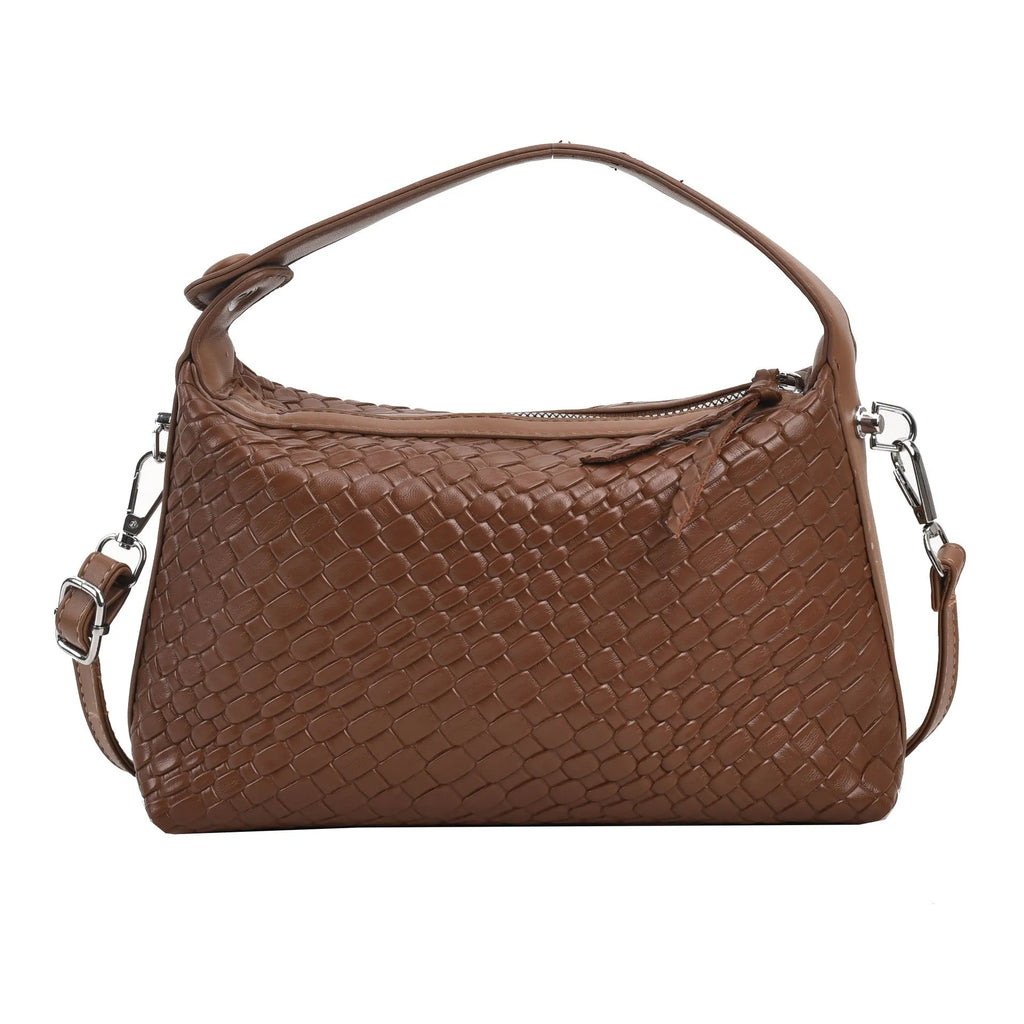 PU shoulder messenger bag in black with horizontal square shape, 23x15x8cm, single strap, sandwich pocket, and weaving details.
