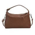 PU shoulder messenger bag in black with horizontal square shape, 23x15x8cm, single strap, sandwich pocket, and weaving details.
