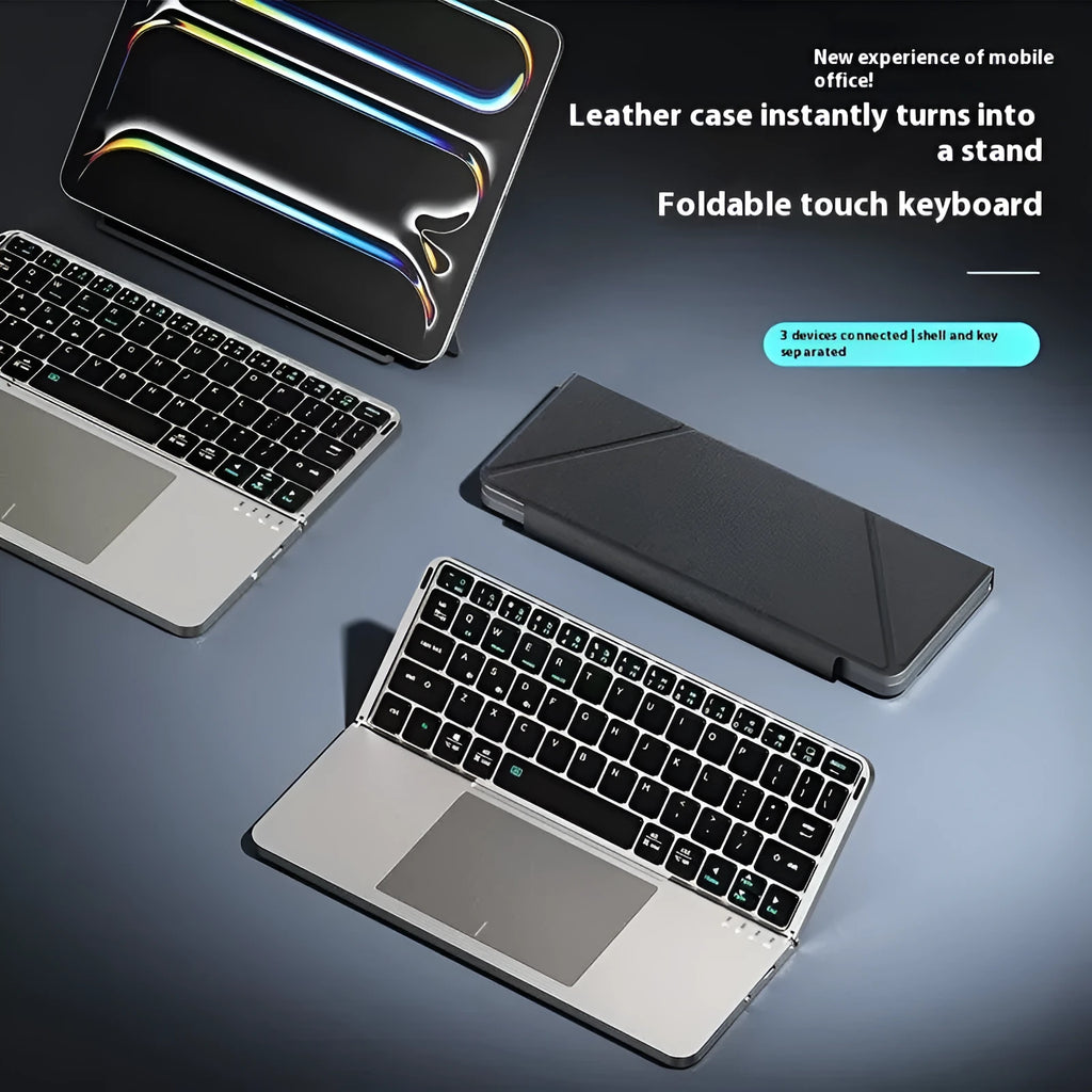 Grey wireless Bluetooth folding keyboard shown both open for use and folded for storage