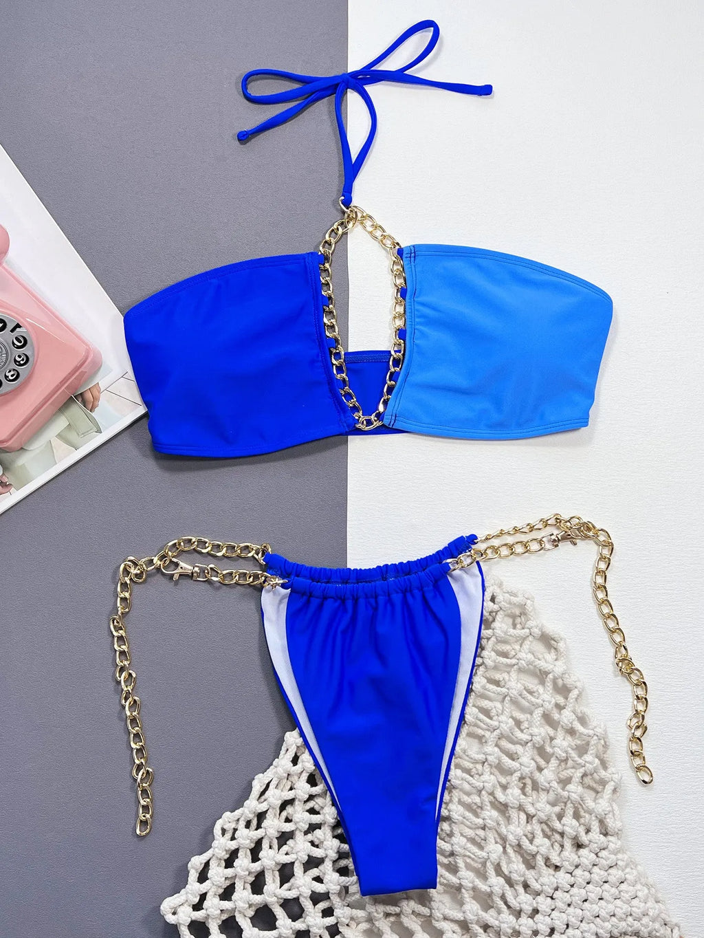 Solid blue women's bikini swimsuit set with top and bottom pieces