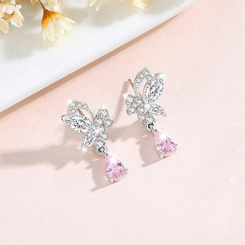 Silver butterfly stud earrings with crystal accents on 925 silver posts