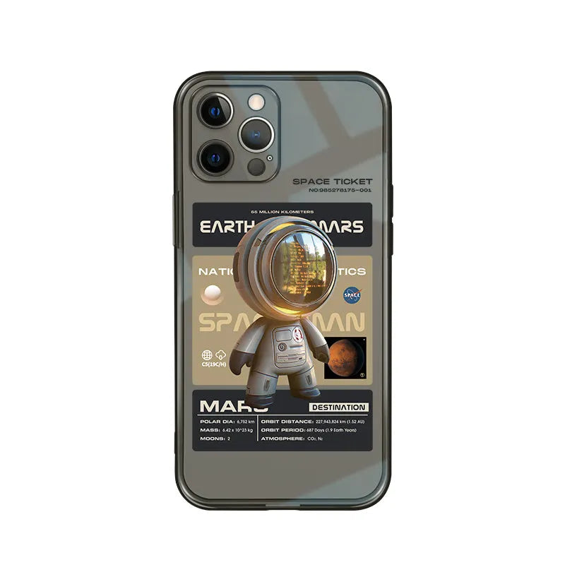 Black soft TPU iPhone case with Mars ticket graphic design, showing front and back views.