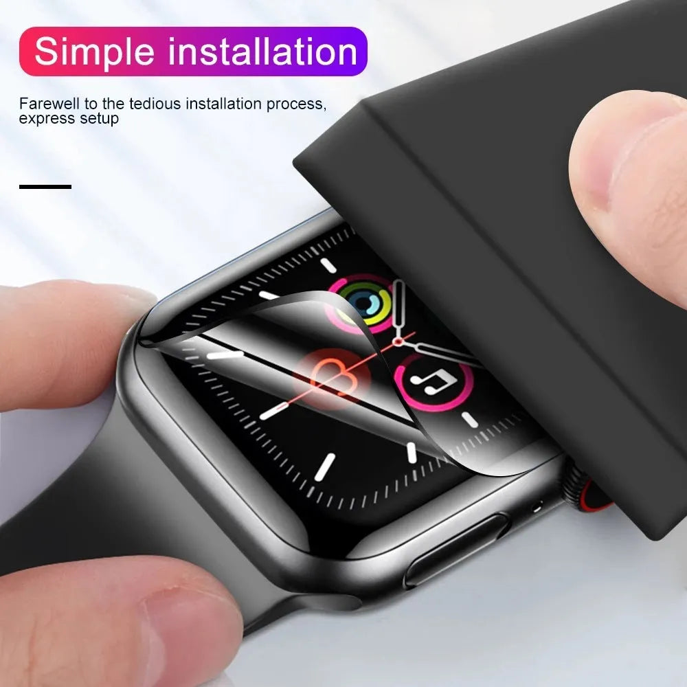PMMA curved full screen protective film for Apple Watch in transparent black, sizes 38mm to 49mm
