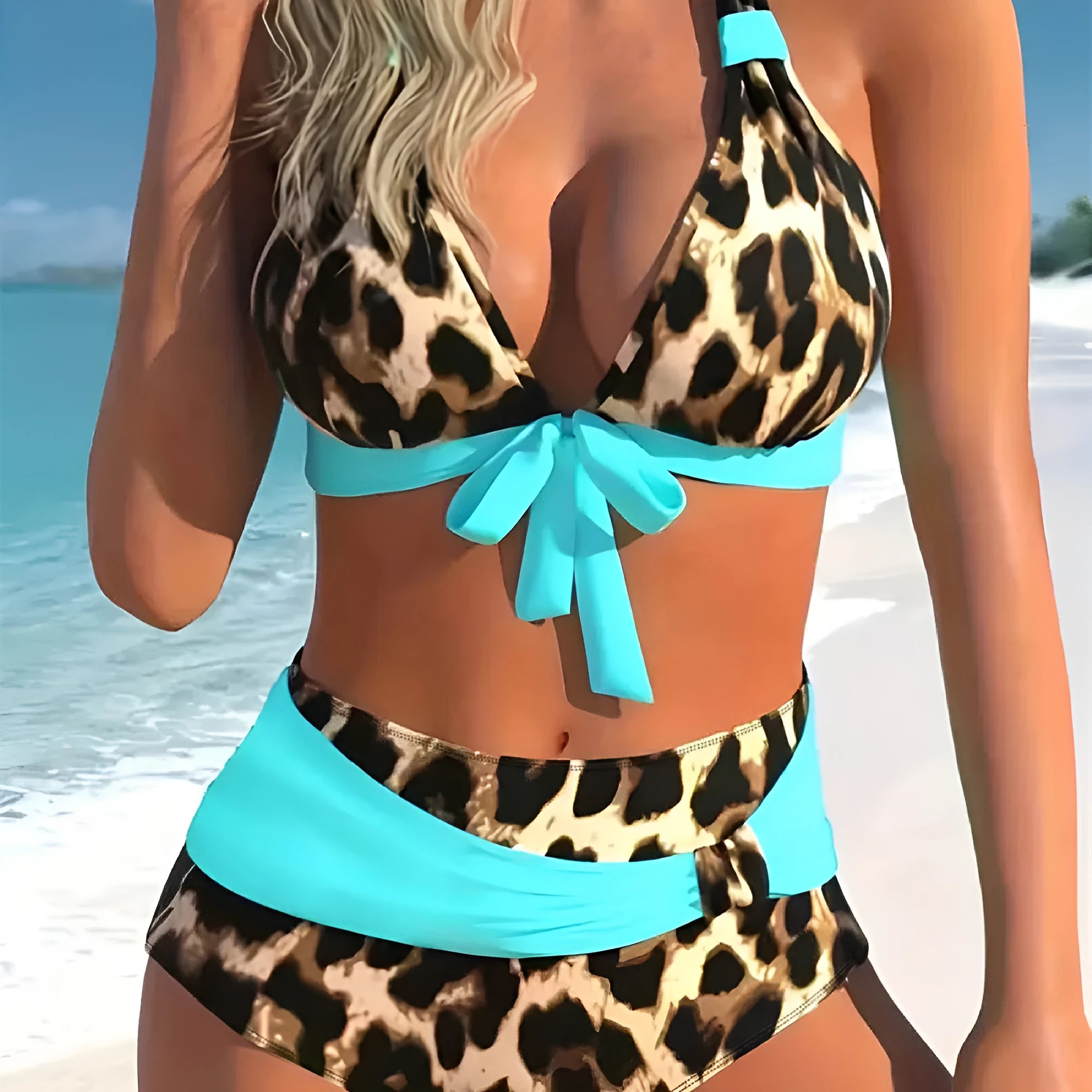 Women's colourful printed plus size two-piece bikini swimsuit on a hanger.