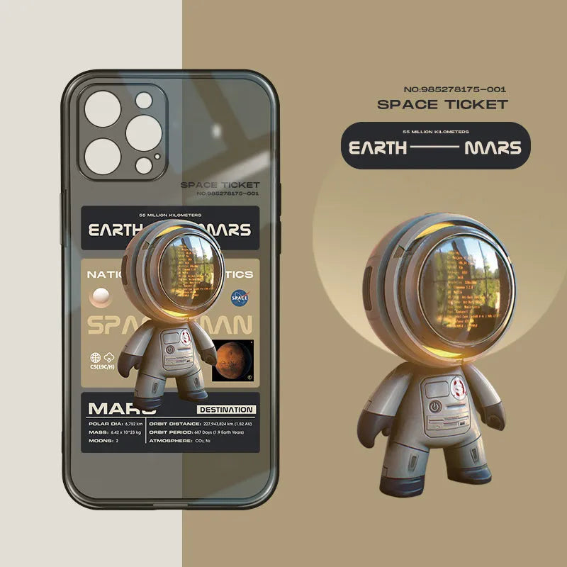 Black soft TPU iPhone case with Mars ticket graphic design, showing front and back views.