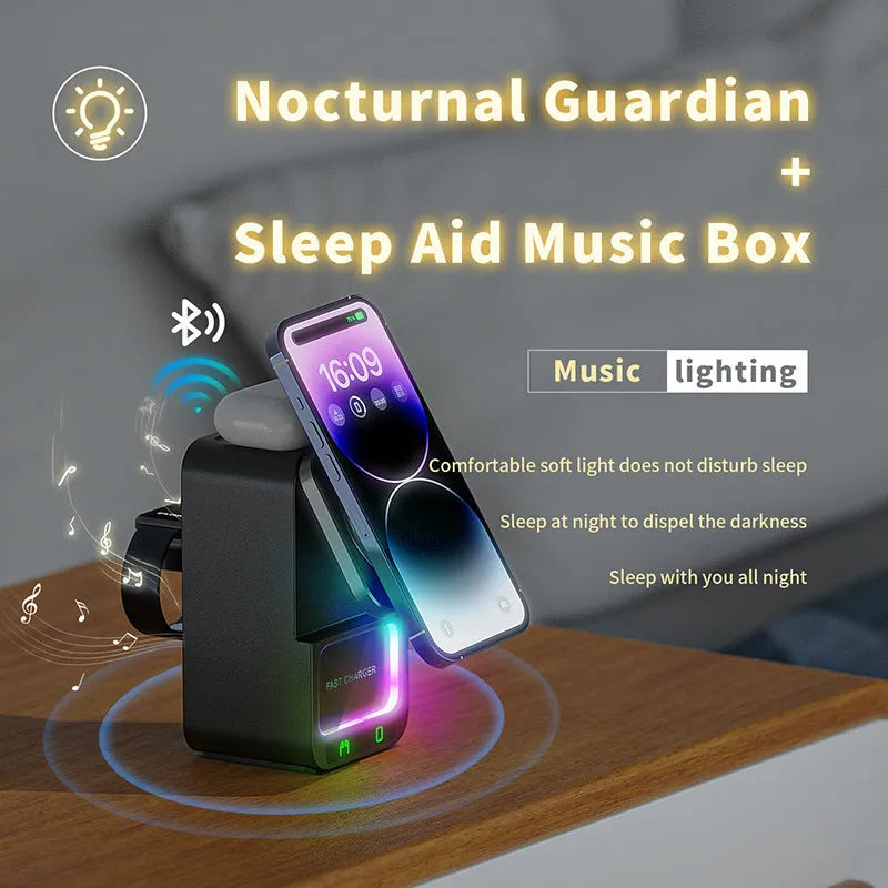 Black and white wireless charging station with Bluetooth speaker and magnetic charging surface
