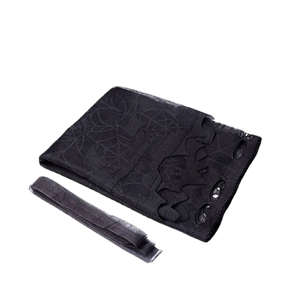 Black lace spider mesh Halloween tablecloth, rectangular 50 x 152cm polyester, with ribbon.