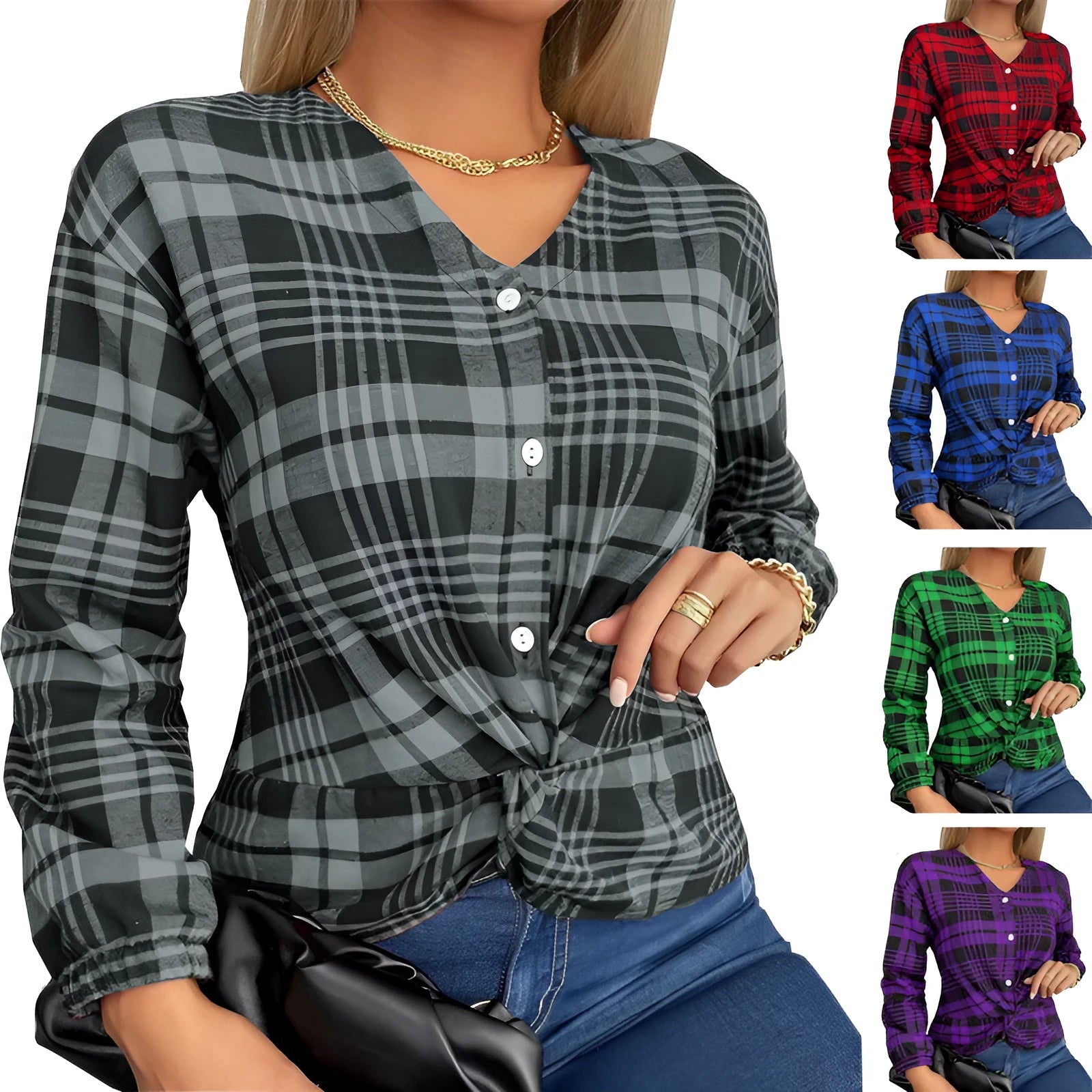 Women's purple grey red plaid loose fit shirt with regular sleeves in polyester fabric