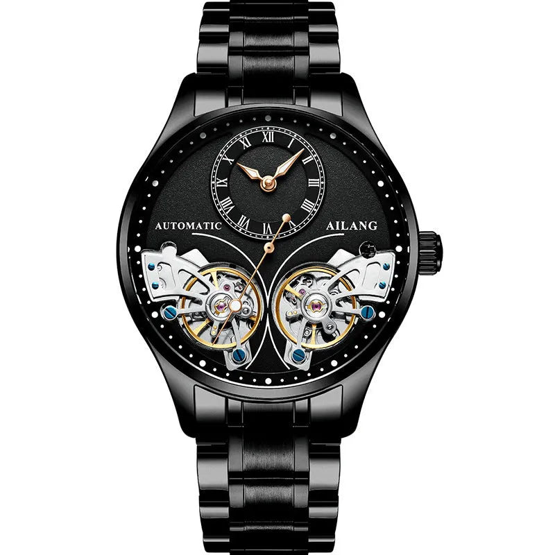 Automatic men's watch with tourbillon and moon phase on black steel strap