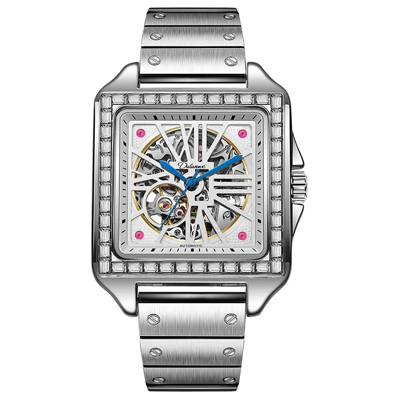 Men's square automatic watch with diamond studs on case, available in black or white with leather or steel strap.