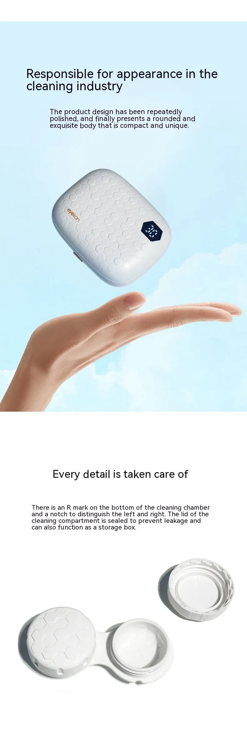 Portable automatic ultrasonic contact lens cleaning machine in pearl white measuring 85x65x30mm