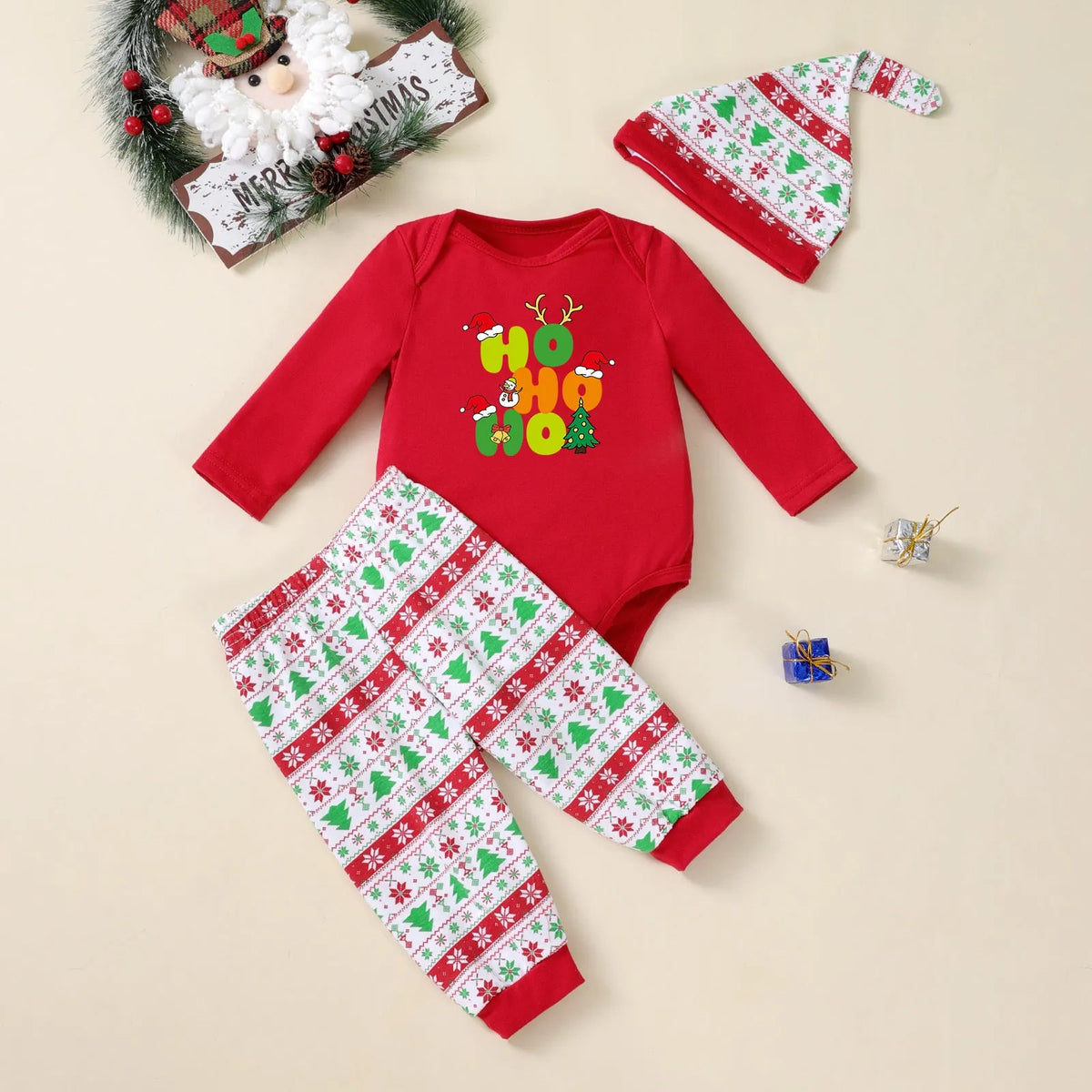 Christmas tree print 3-piece baby outfit with long-sleeve bodysuit, pants, and hat in cotton blend, unisex sizes 3-24 months