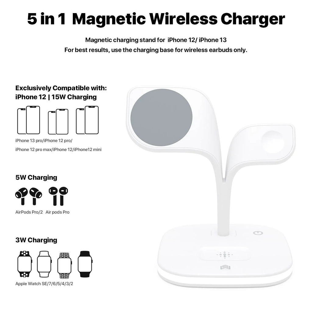 Black desktop wireless charging stand showing phone, watch and headphone charging simultaneously