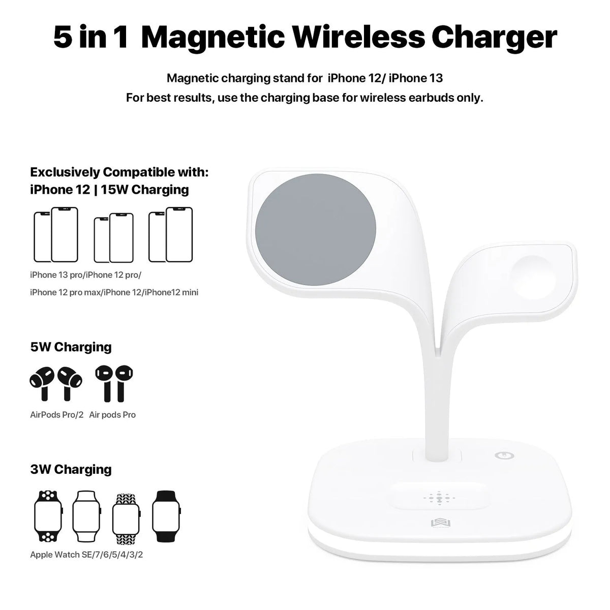 Black desktop wireless charging stand showing phone, watch and headphone charging simultaneously