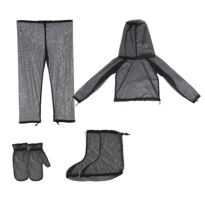 Four-piece mesh anti-mosquito suit set including a hooded top, pants, and booties for outdoor camping.