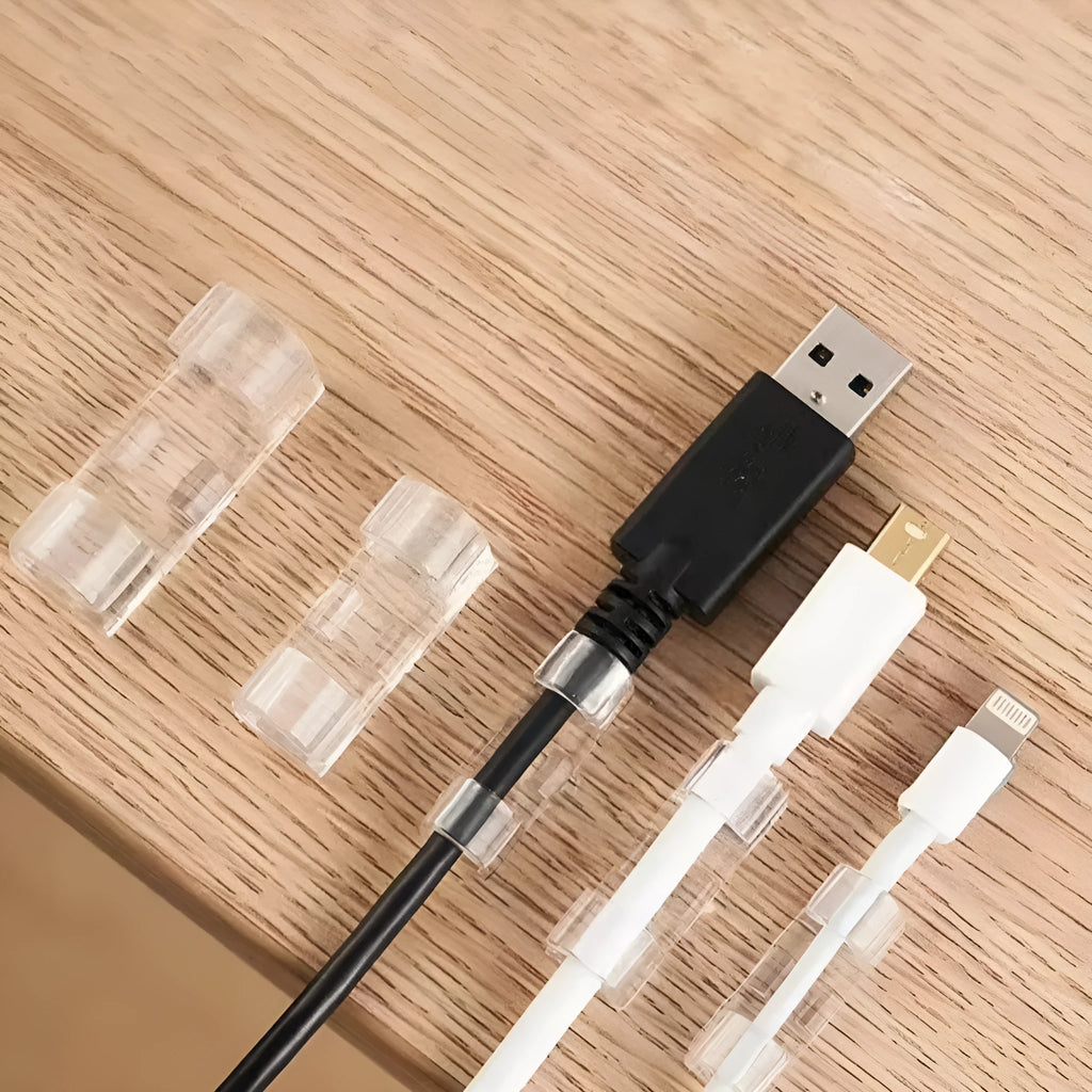 Transparent self-adhesive cable clips in four sizes for punch-free wire organisation
