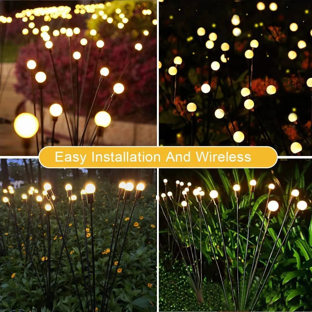 Solar-powered LED garden lamp with multiple light heads and ground plug stakes on a lawn