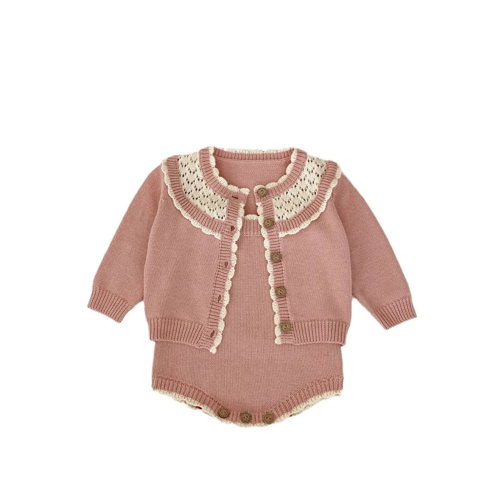 Baby girl cotton knitting suit contrast color sweater suspender romper in pearl powder for 66-100cm height