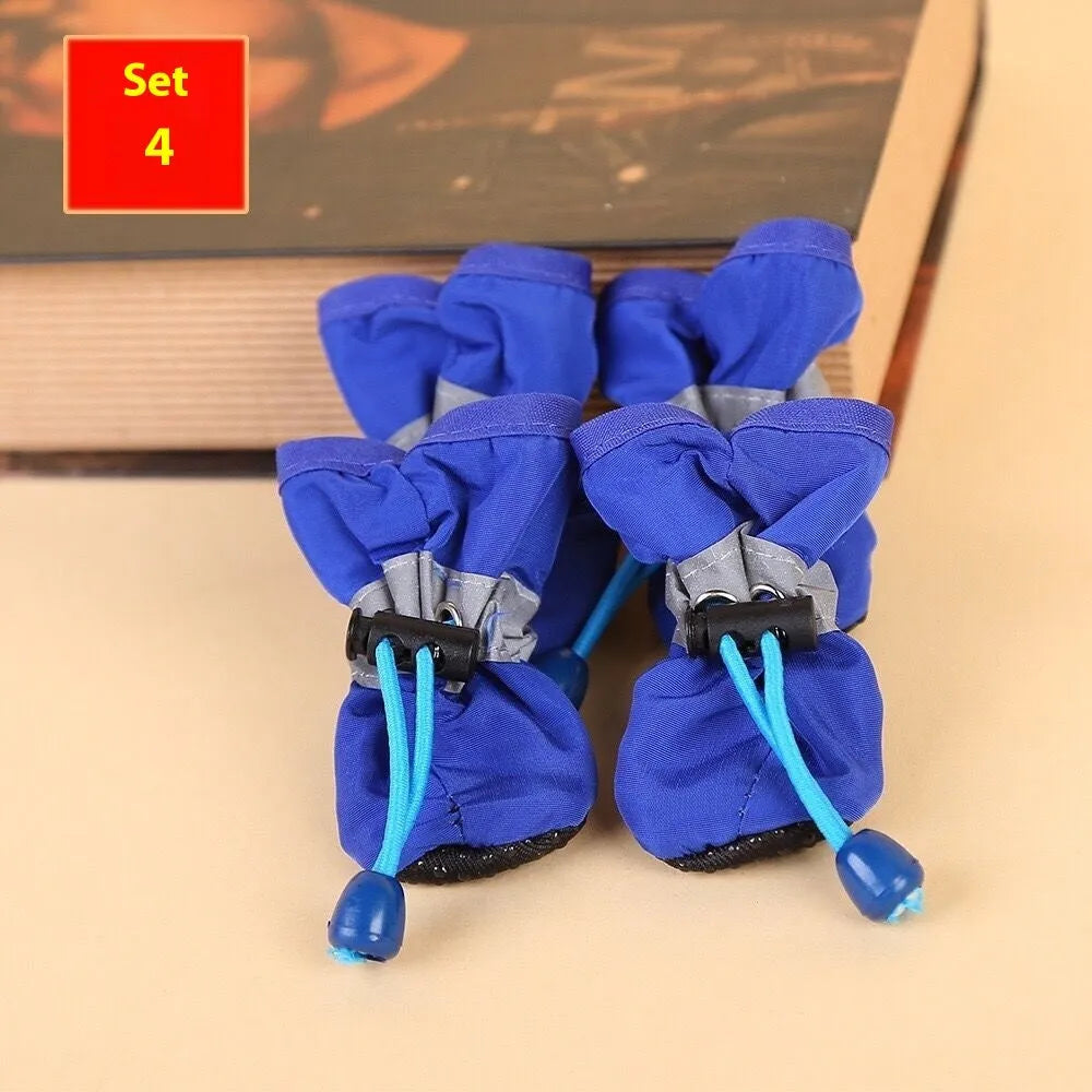 Pet dog shoes in multiple colours including rose red, black, blue monkey print, and fleece-lined options