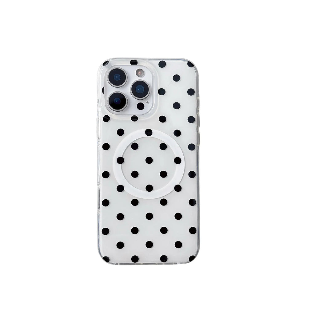 Polka dot phone case with magnetic bracket in pink purple blue and black for iPhone 13 14 15 16