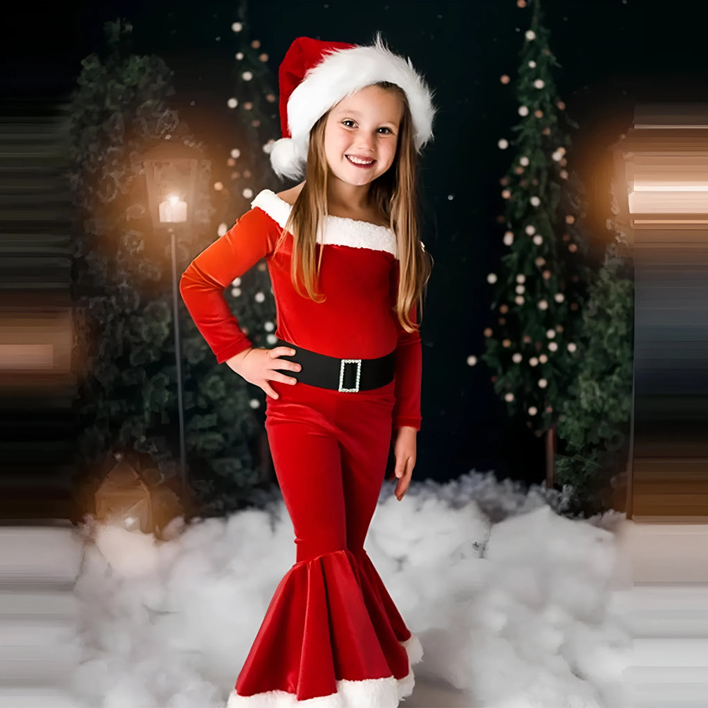 Red Korean velvet children's Christmas three-piece outfit with shirt, bell bottom trousers, and hat for ages 3-8
