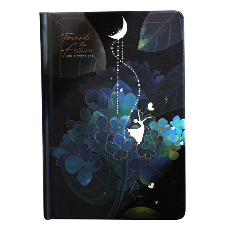 A5 notebook with luminous cover open to show internal colour illustrations, in Deep Blue, Gold, Light Blue, and Purple options