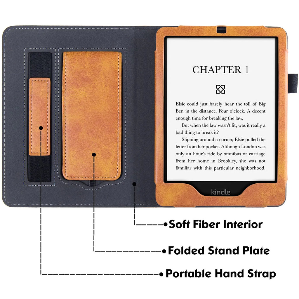 Kindle Paperwhite 11 leather protective case showing wrist strap bracket and sleep mode feature