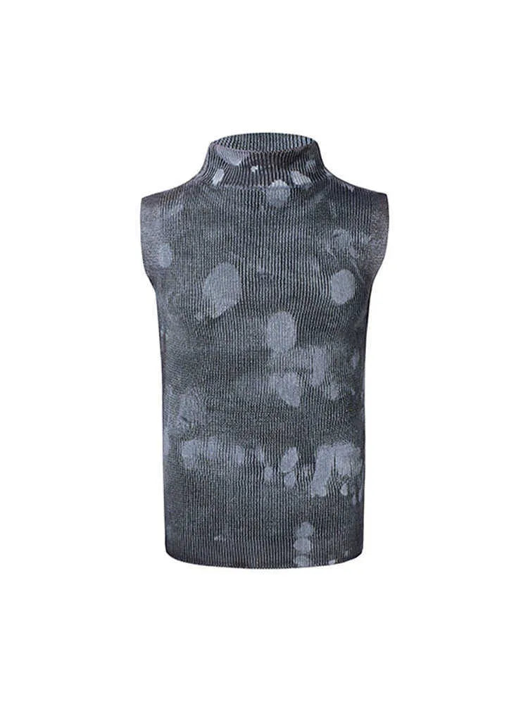 Men's black silver pastebrushing stretch turtleneck sleeveless vest with stand collar