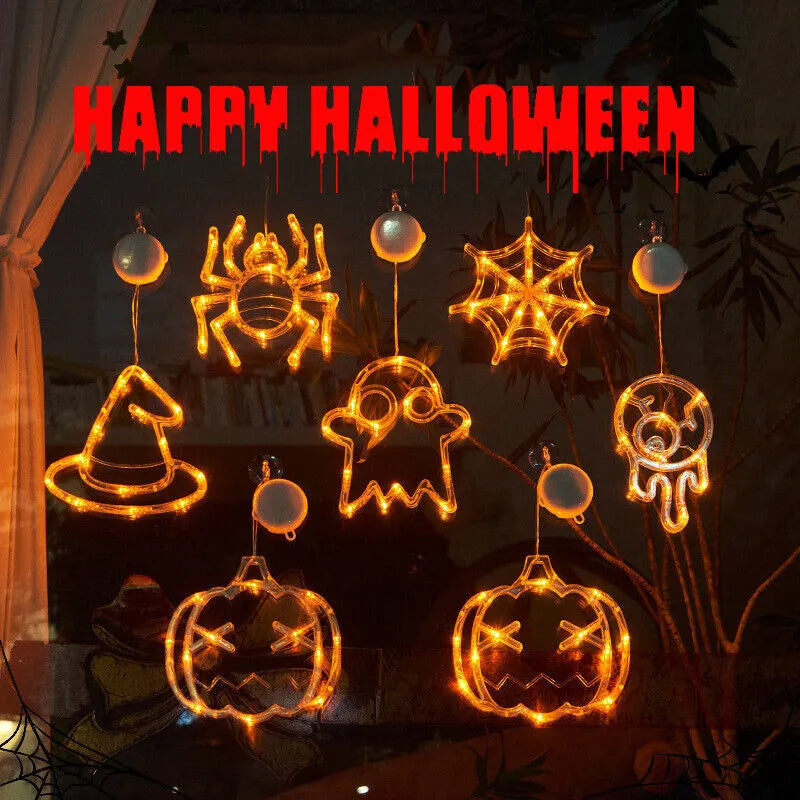 Halloween window hanging LED lights with spider and pumpkin decorations creating horror atmosphere lighting