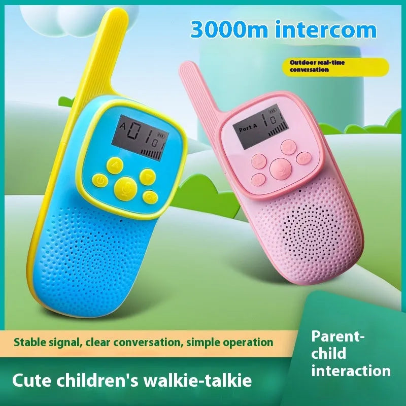 Wireless cartoon children's walkie-talkie toy pair in pink and blue with non-slip grip, hanging ropes, and packaging box
