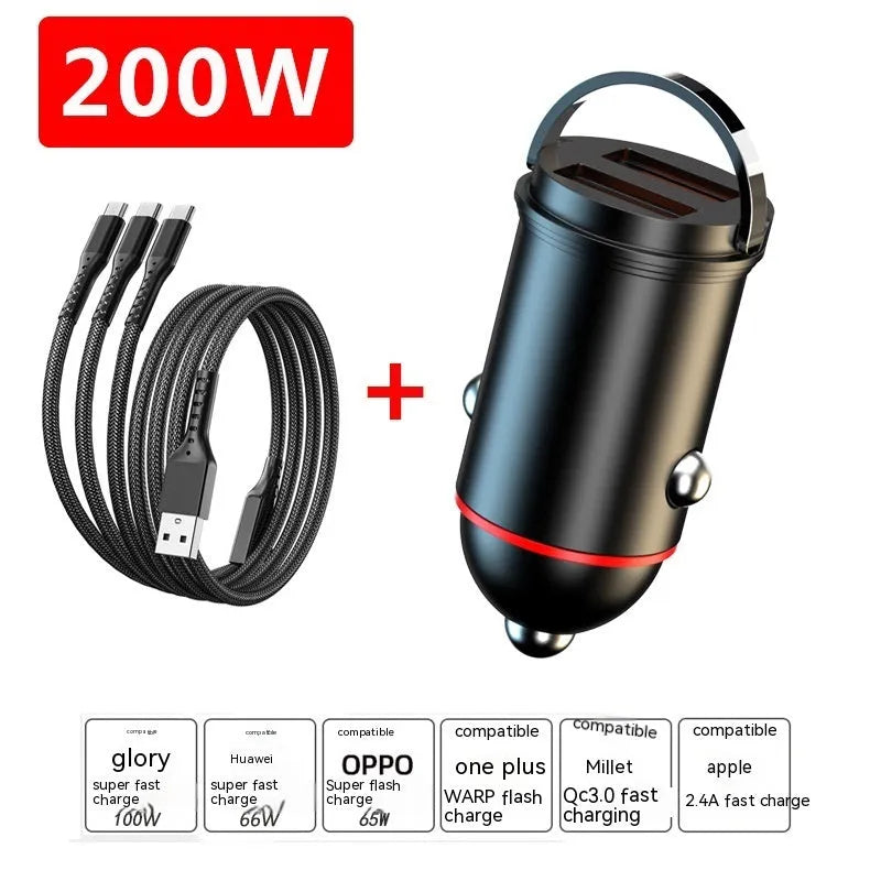 Black zinc alloy car charger with 200W super fast charging capability and compact 38mm design