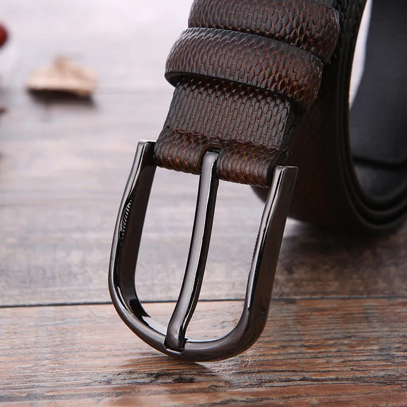 Men's formal business belt with laser logo pattern and alloy pin buckle.