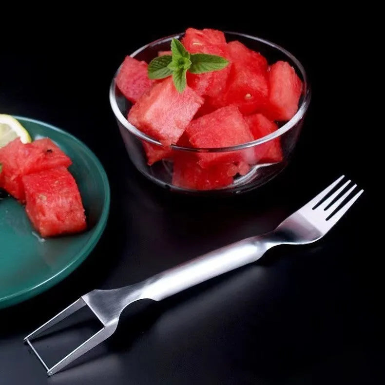 2-in-1 stainless steel watermelon slicer fork 26cm silver kitchen fruit cutting tool