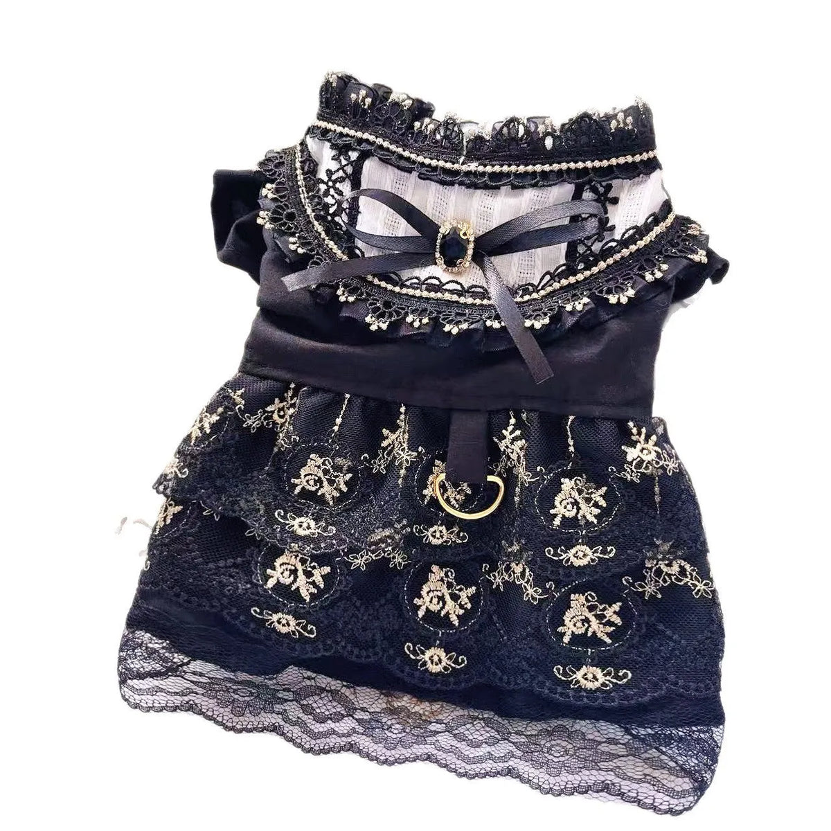 Golden Gothic princess-style skirt costume for a small dog or cat on a mannequin