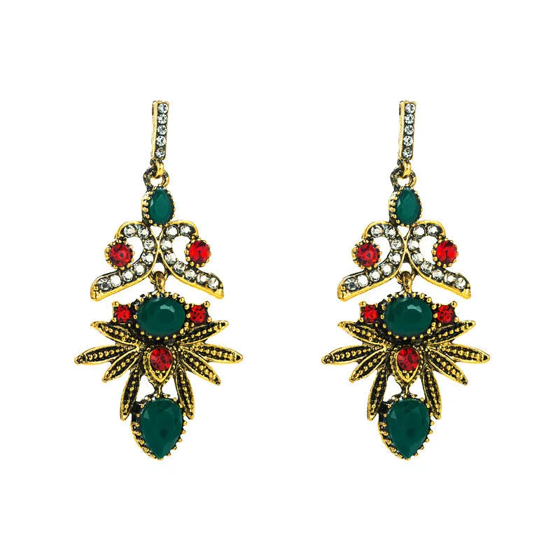 Retro ethnic alloy rhinestone geometric drop earrings in red or green for women