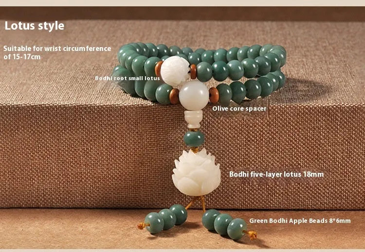 White jade bodhi green sandalwood bracelet with bead construction and double ring safety buckle