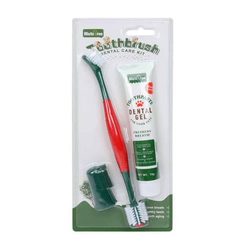 Pet finger stall toothbrush and toothpaste set for cats and dogs, plastic 360 degree brush, beef and vanilla flavour options