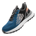 Blue men's safety work shoes with mesh upper, plastic toe cap, and lace-up closure